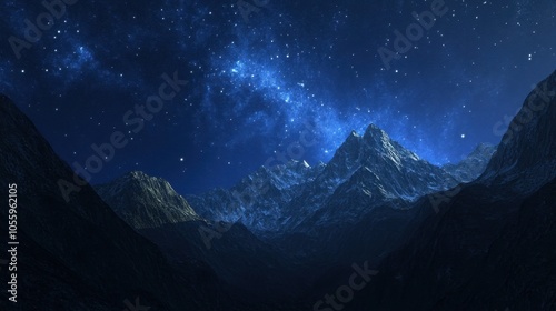 A mountain range under a deepening blue sky, where stars and the galaxy become visible in the growing darkness.