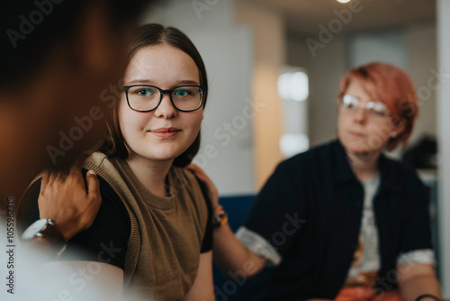 Teenage girl being console by male and non-binary friend during group therapy