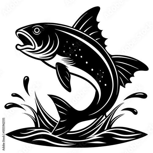 silhouette-a-fish-jumping-out-of-the-water.Leaping fish. Vector Shark Silhouette.Tuna fish jumping out of the water - cut out vector icon.Large Sport Fish Silhouette Set.Trout & Salmon Fishing Icons.