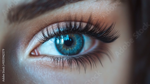 Extremely long false eyelashes on a female eye. Extensions for eyelashes. Beauty, cosmetics, and makeup. Macro, up close.