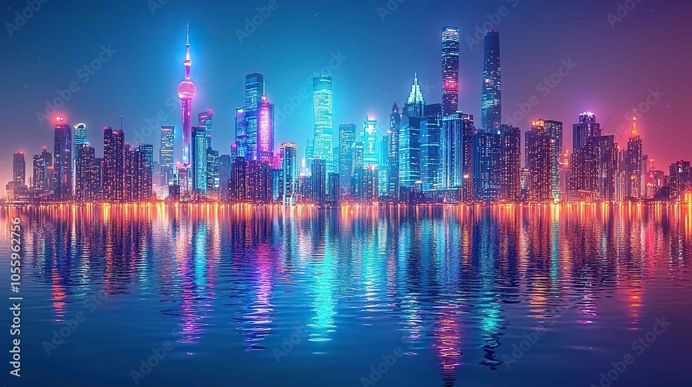 Fototapeta premium Holographic cityscape reflected in water at night