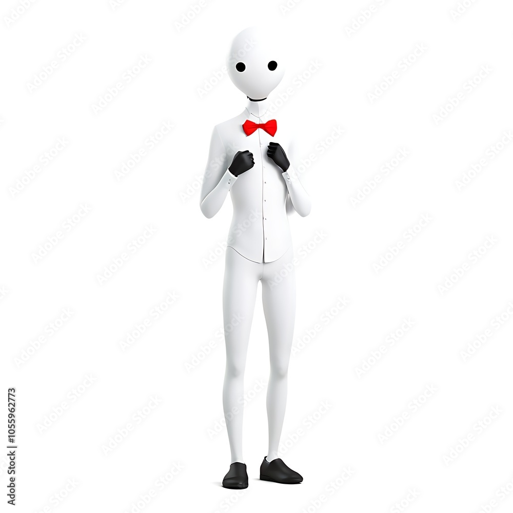 A simple white cartoon man with a red bow tie, in a standing pose with his hands on his chest. A simple white cartoon man with a red bow tie, in a standing pose with his hands on his chest.