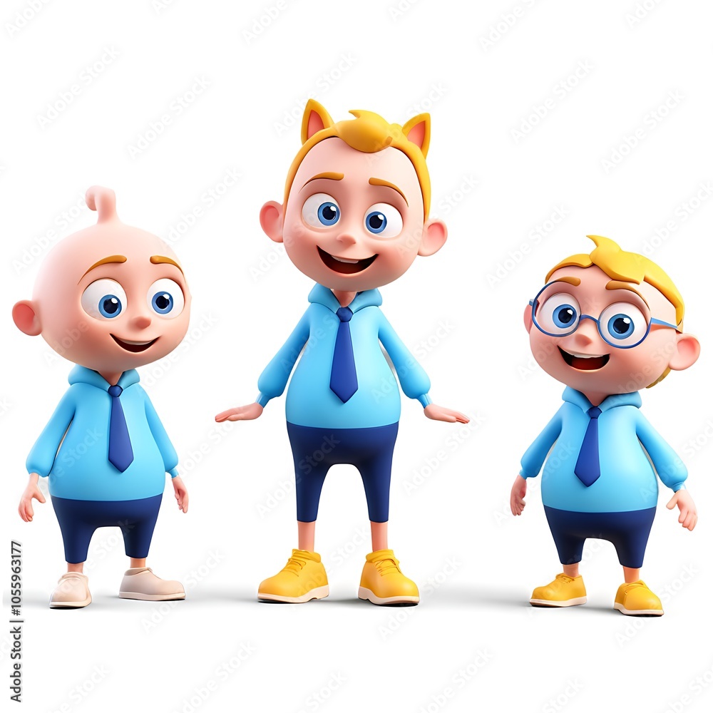 Three cartoon boys with blue shirts, ties, and different hairstyles stand on a white background. Three cartoon boys with blue shirts, ties, and different hairstyles stand on a white background.