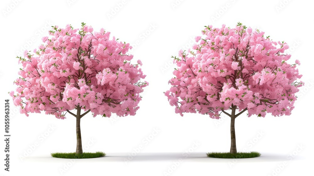 Fototapeta premium Two beautiful pink flowering trees, isolated on a white background, perfect for nature and gardening themes.
