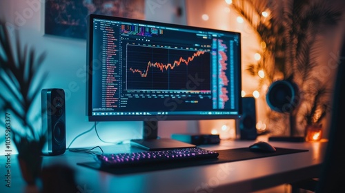 Financial chart displayed on a computer monitor in a modern workspace photo