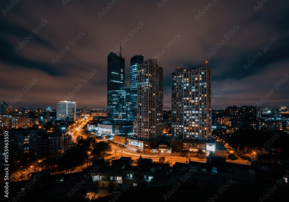 Fototapeta premium Cityscape Night Skyscrapers Buildings Street Lights