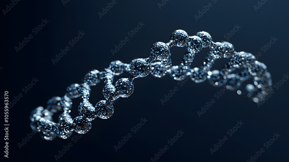 close-up 3D rendering of a molecular chain resembling a DNA helix on a dark background, representing genetics, biochemistry, and scientific exploration. close-up 3D rendering of a molecular chain resembling a DNA helix on a dark background, representing genetics, biochemistry, and scientific exploration.