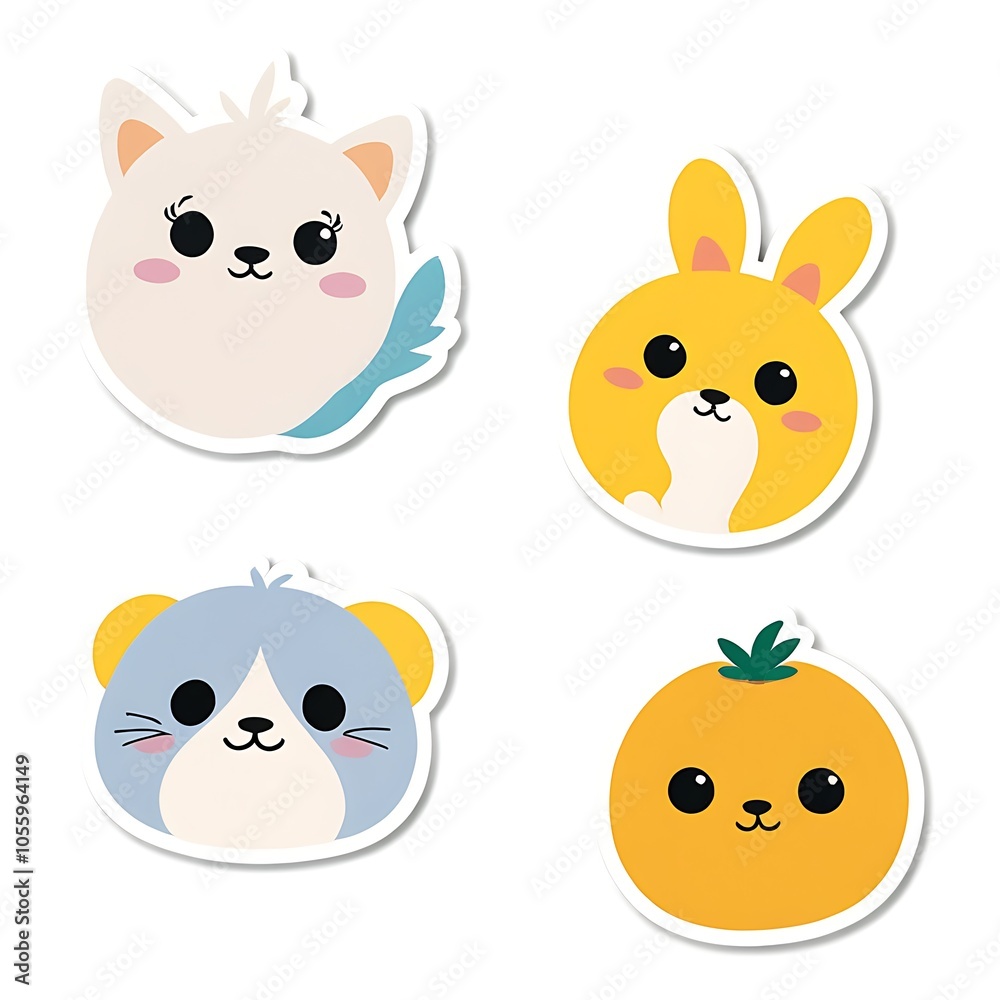 Fototapeta premium Four cute cartoon animal stickers in a white background.