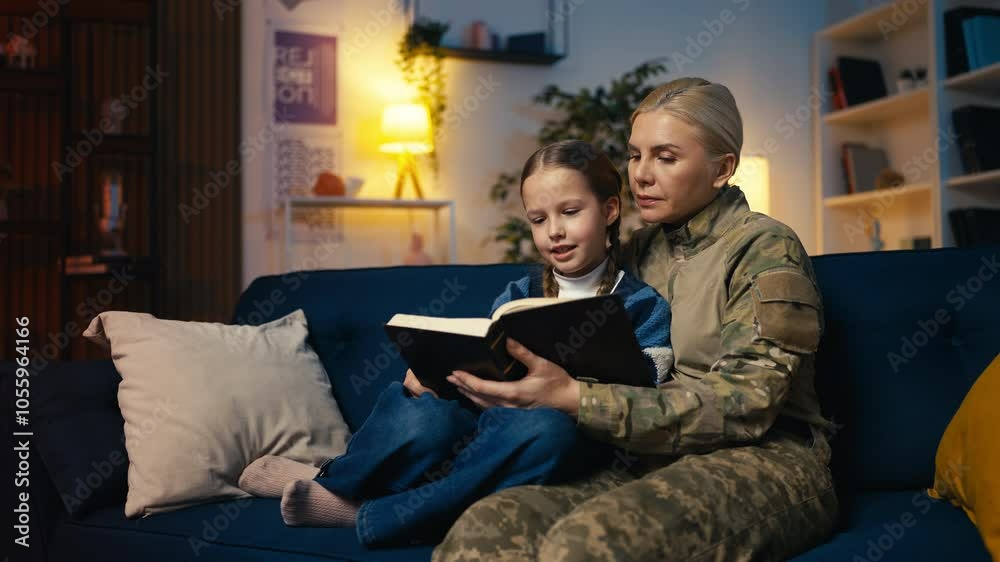 Military mother and her little daughter reading a book together, family pastime Military mother and her little daughter reading a book together, family pastime