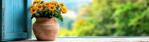 Wallpaper Mural Yellow flowers in a clay pot beside an open window, soft natural light, tranquil atmosphere. Torontodigital.ca