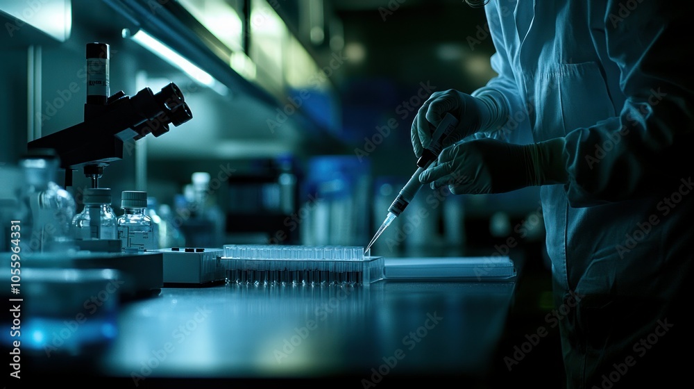 Scientist in a Lab Using a Pipette to Dispense Liquid Into Test Tubes Scientist in a Lab Using a Pipette to Dispense Liquid Into Test Tubes