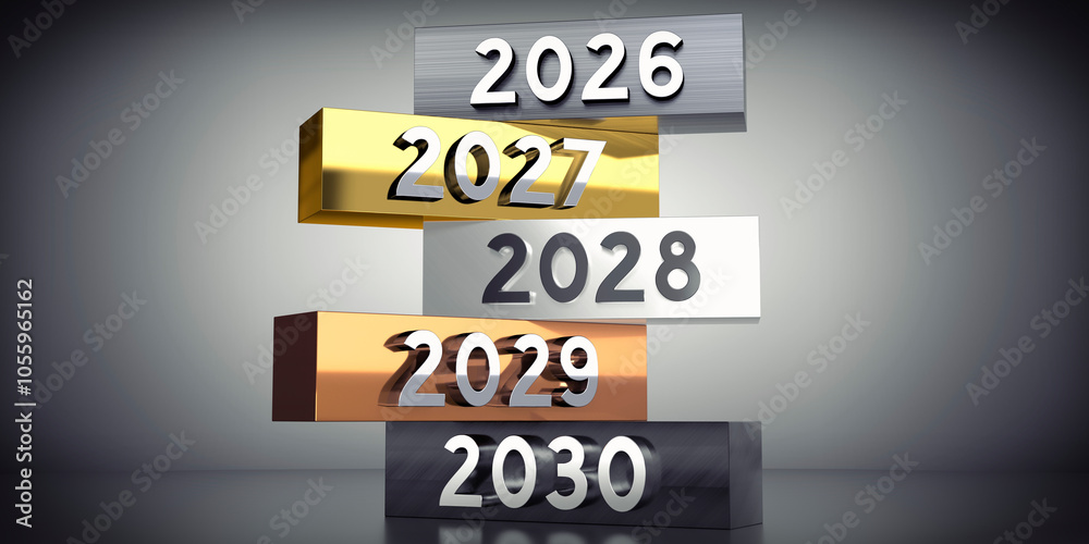 2026, 2027, 2028, 2029, 2030 - words on metal blocks - 3D illustration 2026, 2027, 2028, 2029, 2030 - words on metal blocks - 3D illustration