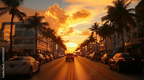 Sunset on Ocean Drive, Miami Beach, Florida, USA. 