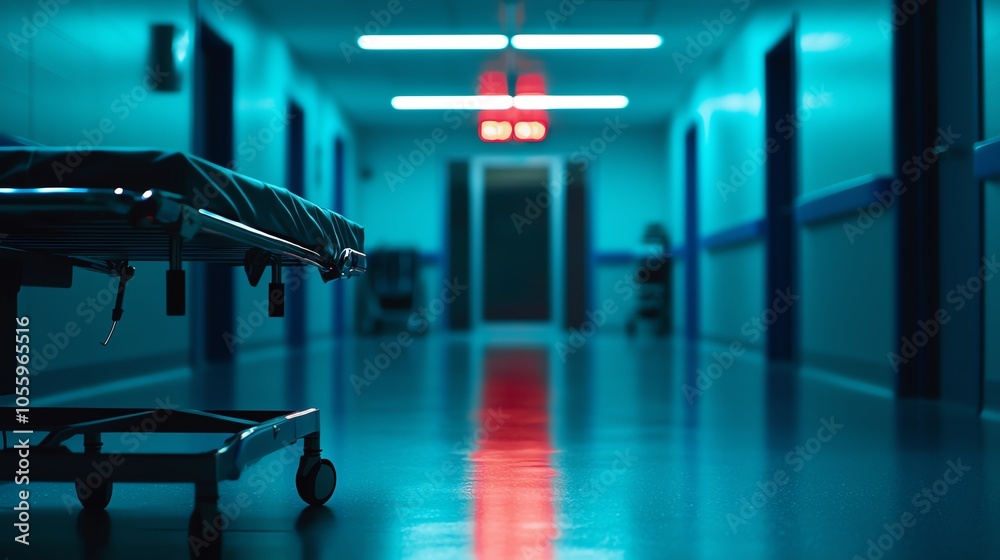 A hospital corridor with a stretcher under dim blue lighting, creating a dramatic and eerie atmosphere. A hospital corridor with a stretcher under dim blue lighting, creating a dramatic and eerie atmosphere.
