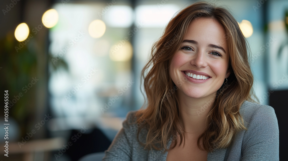 A horizontal, close-up shot of a confident, smiling businesswoman with a creative spark, sitting in a modern office space. She exudes warmth and inspiration, reflecting a blend of A horizontal, close-up shot of a confident, smiling businesswoman with a creative spark, sitting in a modern office space. She exudes warmth and inspiration, reflecting a blend of