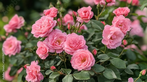 A pink rose bush in full bloom, with numerous blossoms clustered together.