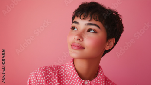 A close-up shot of a young woman with short hair, wearing a pink polka-dot shirt and looking to the side with a contemplative smile against a soft pink backdrop. Her expression cap