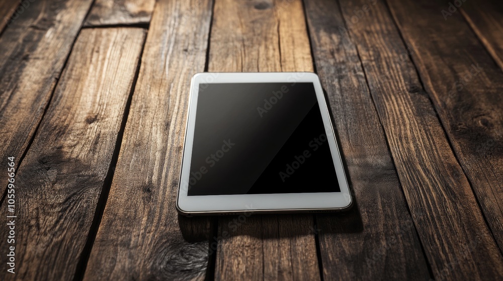 A tablet is sitting on a wooden table
