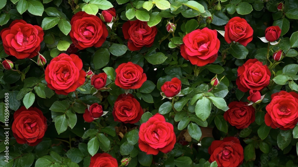 A red rose bush in full bloom, with countless blossoms surrounded by lush green leaves. A red rose bush in full bloom, with countless blossoms surrounded by lush green leaves.