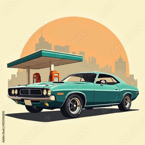 Car gas station in retro style. Classic car with gas station. EPS version.