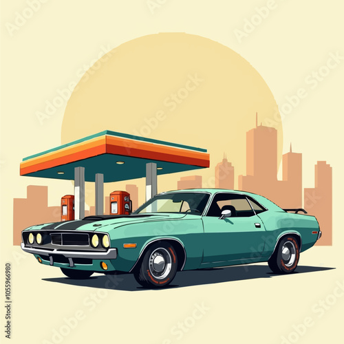 Car gas station in retro style. Classic car with gas station. EPS version.