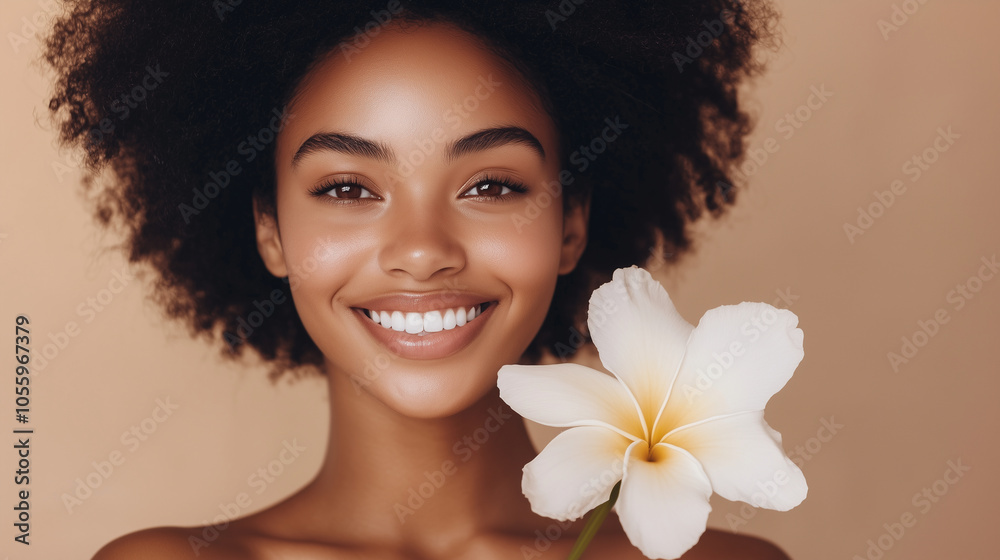 Portrait of a smiling woman holding a delicate white flower, highlighting elegance and beauty against a neutral background. Her clean, fresh look is perfect for beauty product adve Portrait of a smiling woman holding a delicate white flower, highlighting elegance and beauty against a neutral background. Her clean, fresh look is perfect for beauty product adve