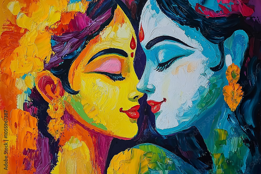 Colorful oil painting of Radha Krishna love Colorful oil painting of Radha Krishna love