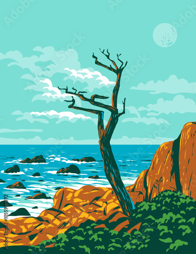 WPA poster art of a ghost or witch tree at Pescadero Point on Pebble Beach on Monterey Peninsula, California United States USA done in works project administration or federal art project style.
