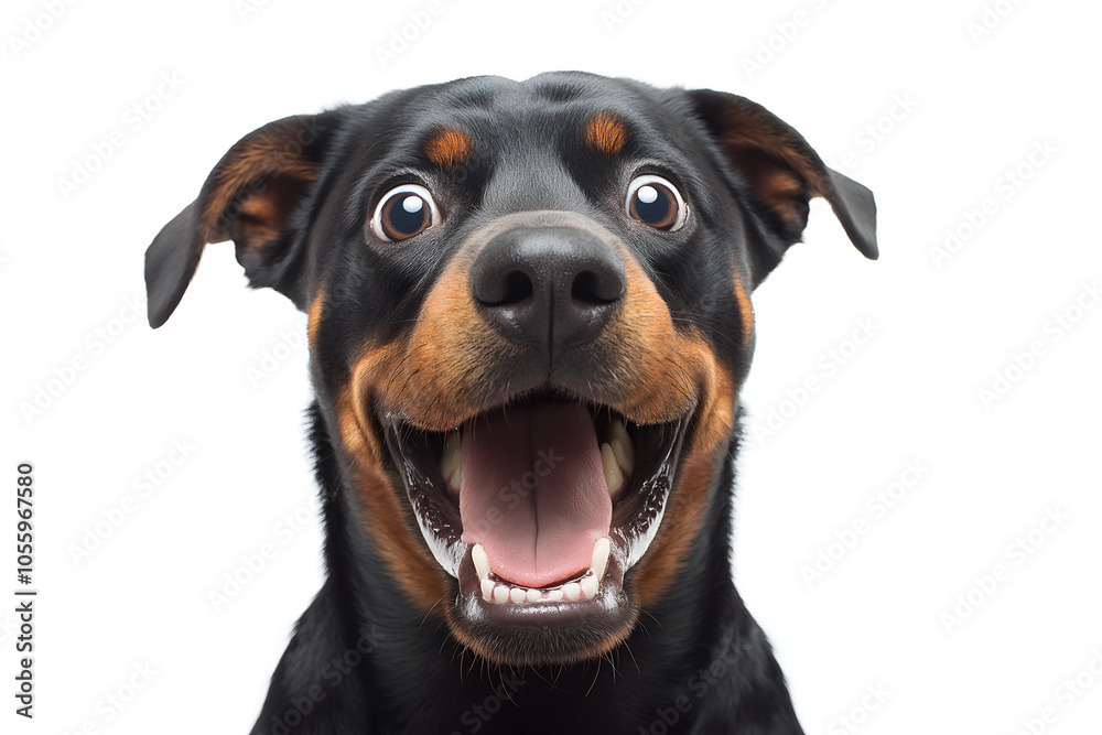 Close-up Of A Happy Rottweiler Isolated On White Background With An Excited Expression, Animal Photography Close-up Of A Happy Rottweiler Isolated On White Background With An Excited Expression, Animal Photography
