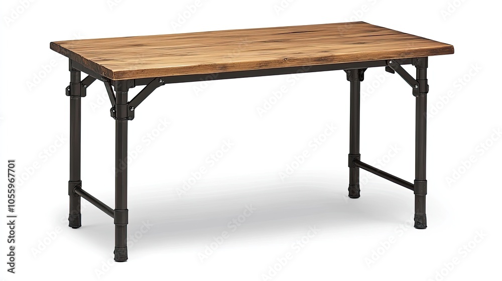 A reclaimed wood desk with black metal legs, set against a white backdrop, for a raw, industrial look. A reclaimed wood desk with black metal legs, set against a white backdrop, for a raw, industrial look.