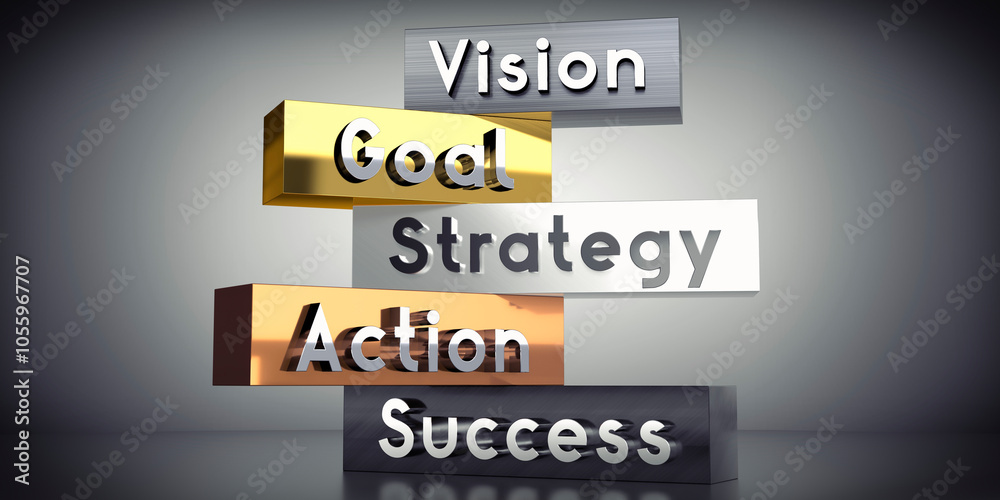 Vision, goal, strategy, action, success - words on metal blocks - 3D illustration Vision, goal, strategy, action, success - words on metal blocks - 3D illustration