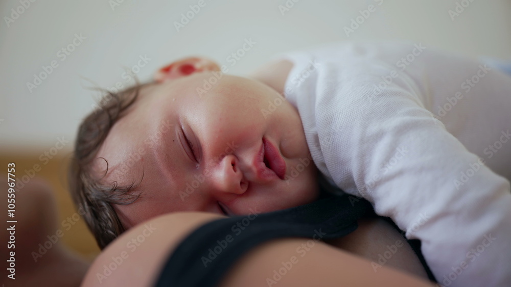 Mother and baby sleeping peacefully together, with the baby resting on the mother’s chest, a serene and intimate bonding moment in a cozy bedroom Mother and baby sleeping peacefully together, with the baby resting on the mother’s chest, a serene and intimate bonding moment in a cozy bedroom