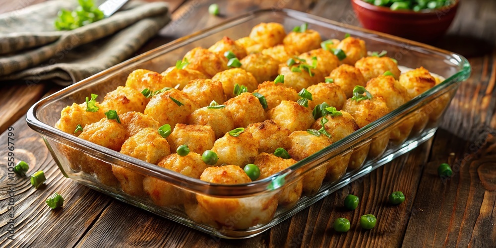 Tater Tot Casserole in a Glass Baking Dish - Comfort Food Delight
