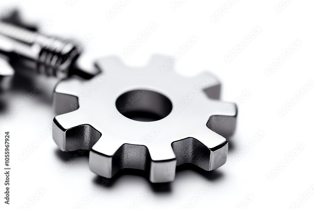 Close-up of a shiny metallic gear on a white isolated background. Close-up of a shiny metallic gear on a white isolated background.