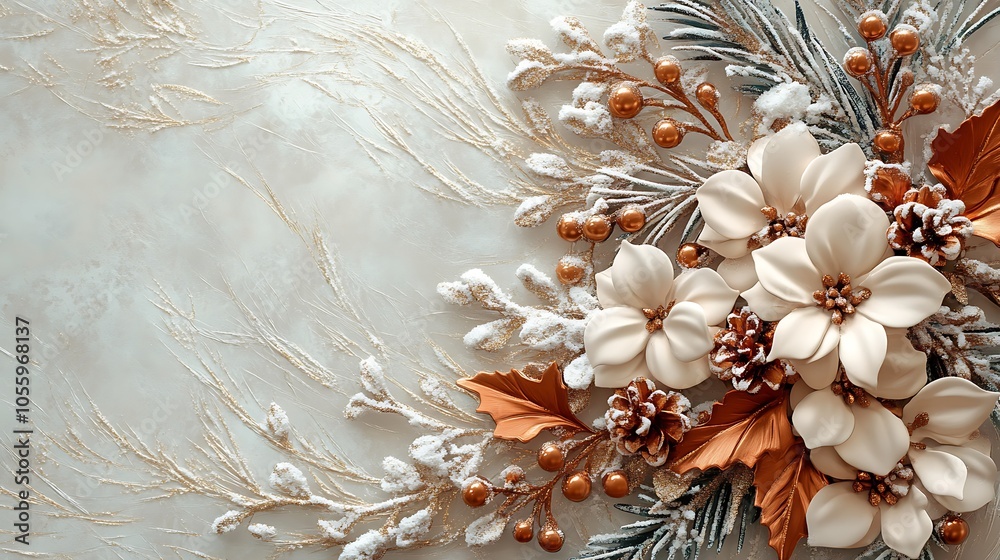 Cotton-textured background on holiday card with metallic holiday elements blending classic style and shine Cotton-textured background on holiday card with metallic holiday elements blending classic style and shine
