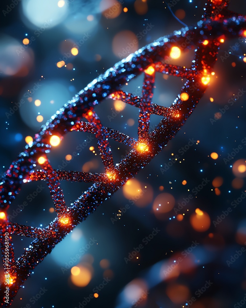 Close-up of glowing DNA strand with vibrant lights and sparkling particles in a dark background. Close-up of glowing DNA strand with vibrant lights and sparkling particles in a dark background.