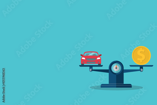 Car and coin on the scale. Vehicle value concept