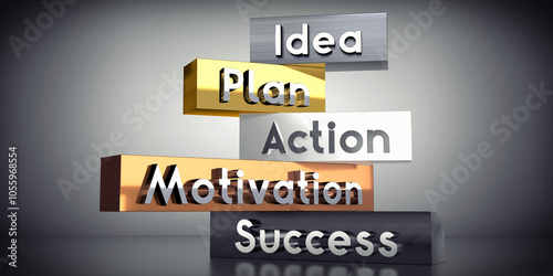 Idea, plan, action, motivation, success - words on metal blocks - 3D illustration