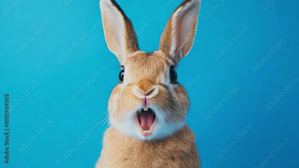 A rabbit with wide eyes and an open mouth appears surprised, set against a vivid blue backdrop, capturing its playful character