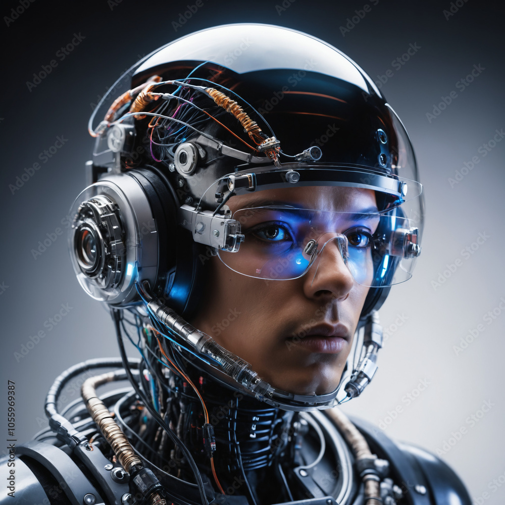 Close-up portrait of a futuristic cyborg wearing a sophisticated, high-tech helmet. Close-up portrait of a futuristic cyborg wearing a sophisticated, high-tech helmet.