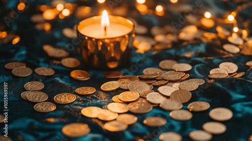 Gelt Coins Scattered on Blue Tablecloth with Shining Gold Foil photo