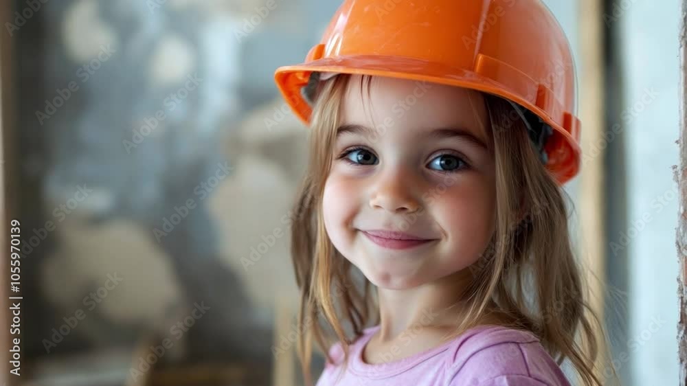The little girl smiles while wearing a bright orange hard hat in a lively construction environment The little girl smiles while wearing a bright orange hard hat in a lively construction environment
