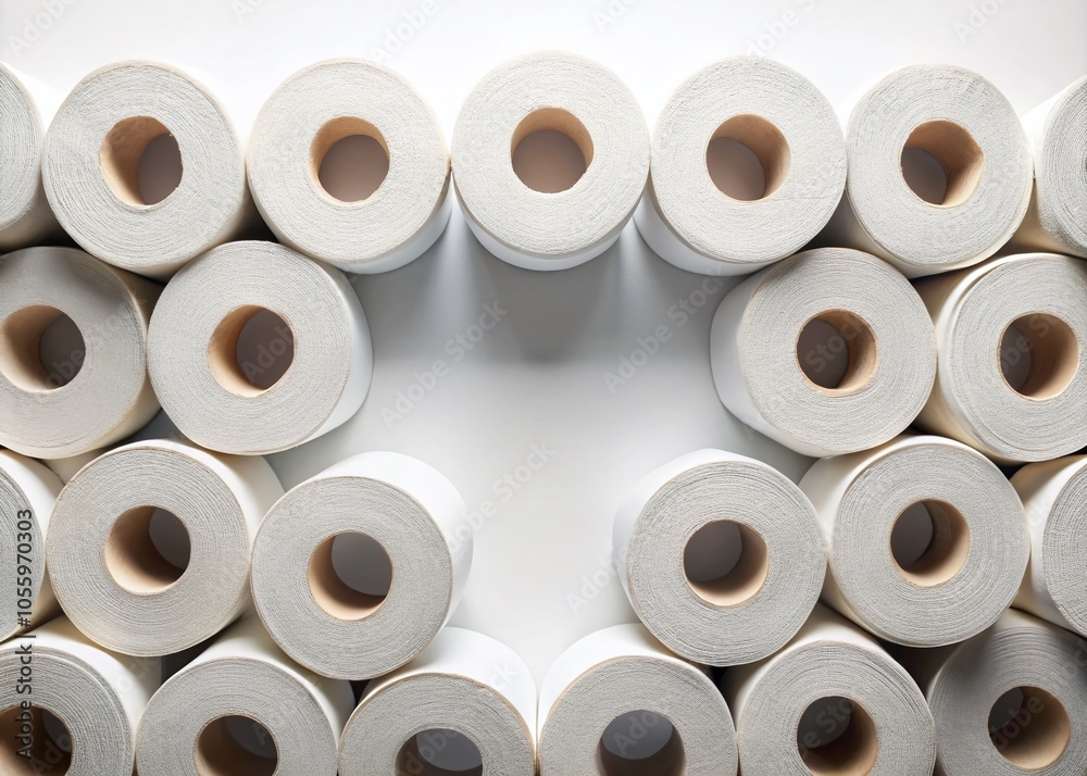 Toilet Paper Rolls on White Background - Panoramic Photography for Home Essentials and Hygiene Products Toilet Paper Rolls on White Background - Panoramic Photography for Home Essentials and Hygiene Products