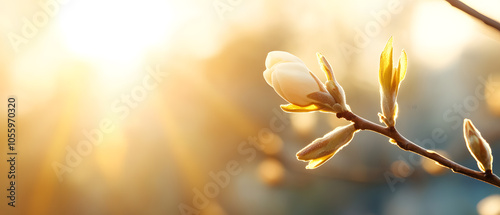 Cinematic macro shot of delicate buds on a tree branch capturing the essence of nature in glorious sunlight