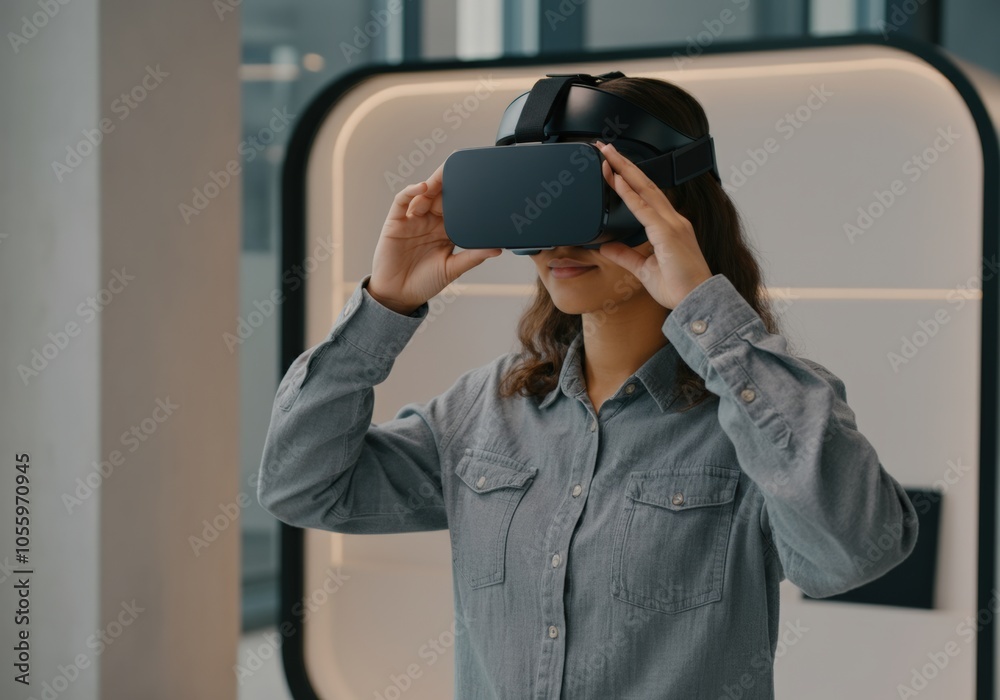 Woman using VR headset in a modern interior Woman using VR headset in a modern interior