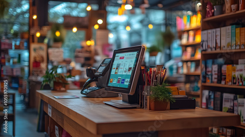 bright retail counter with a digital POS system, surrounded by vibrant products and decor. The inviting store interior includes shelves and soft lighting for a welcoming atmosphere.