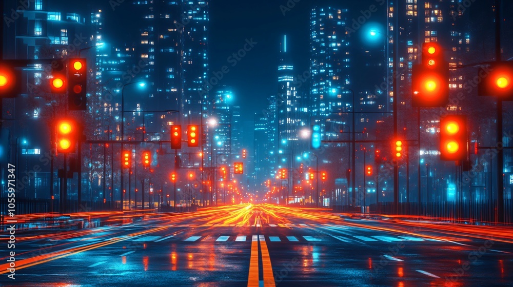 Traffic lights on a city road, symbolizing control and order. Traffic technology 