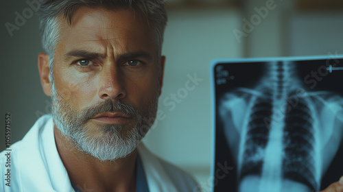 Doctor reviewing X-rays in a hospital office: A doctorâs hands hold X-ray images, studying them with a serious expression. His face reflects concern and focus, wearing a white coat