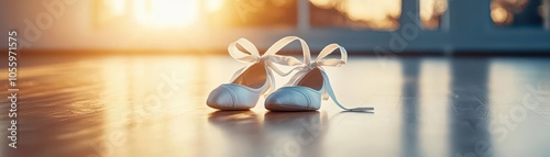 Closeup of a ballerina s pointe shoes, with ribbons tied and poised on a wooden dance floor, Pointe shoes on dance floor, Elegant and detailed photo