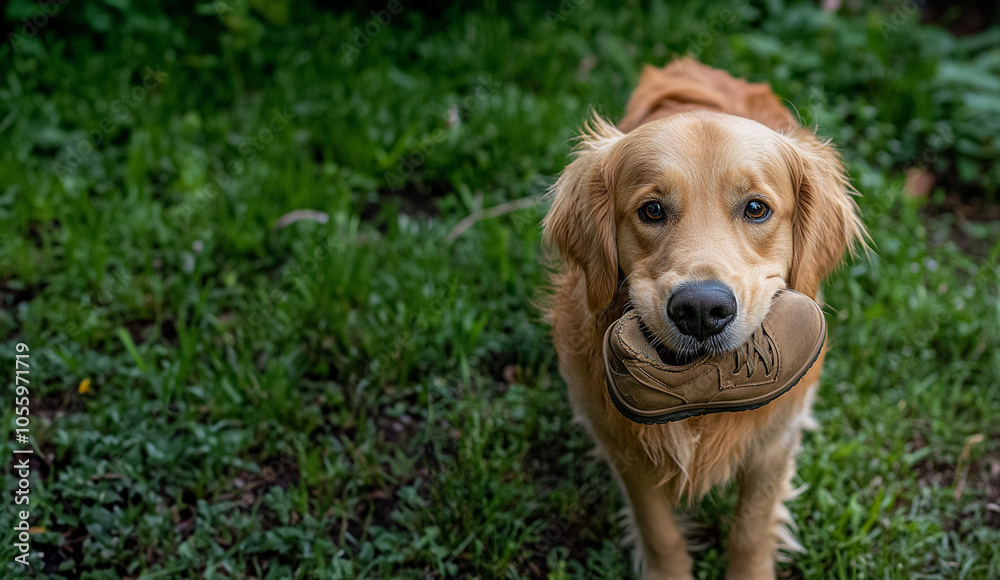 Golden retriever dog in a yard holding a shoe in its mouth. Room for text Golden retriever dog in a yard holding a shoe in its mouth. Room for text
